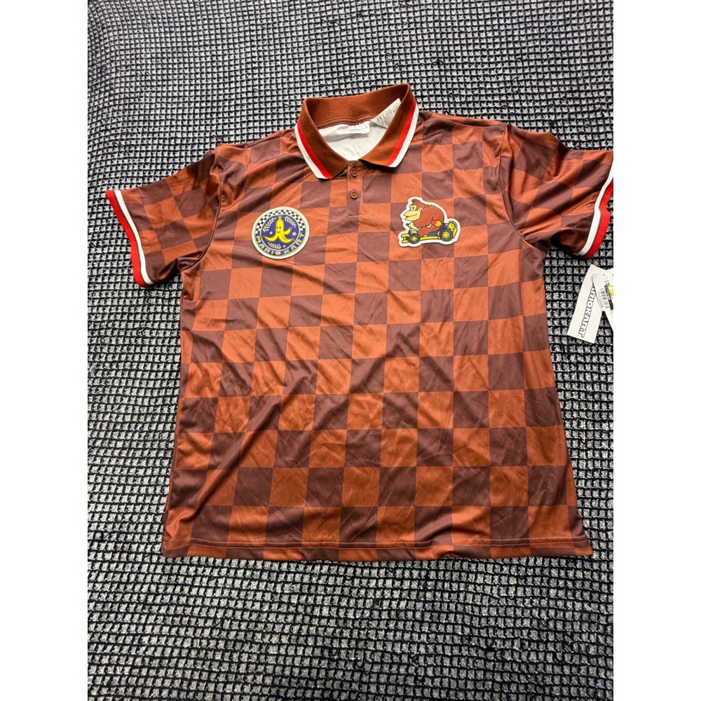 Nintendo Mario Kart Polo Shirt Mens Medium Brown New Donkey Kong Checkerboard